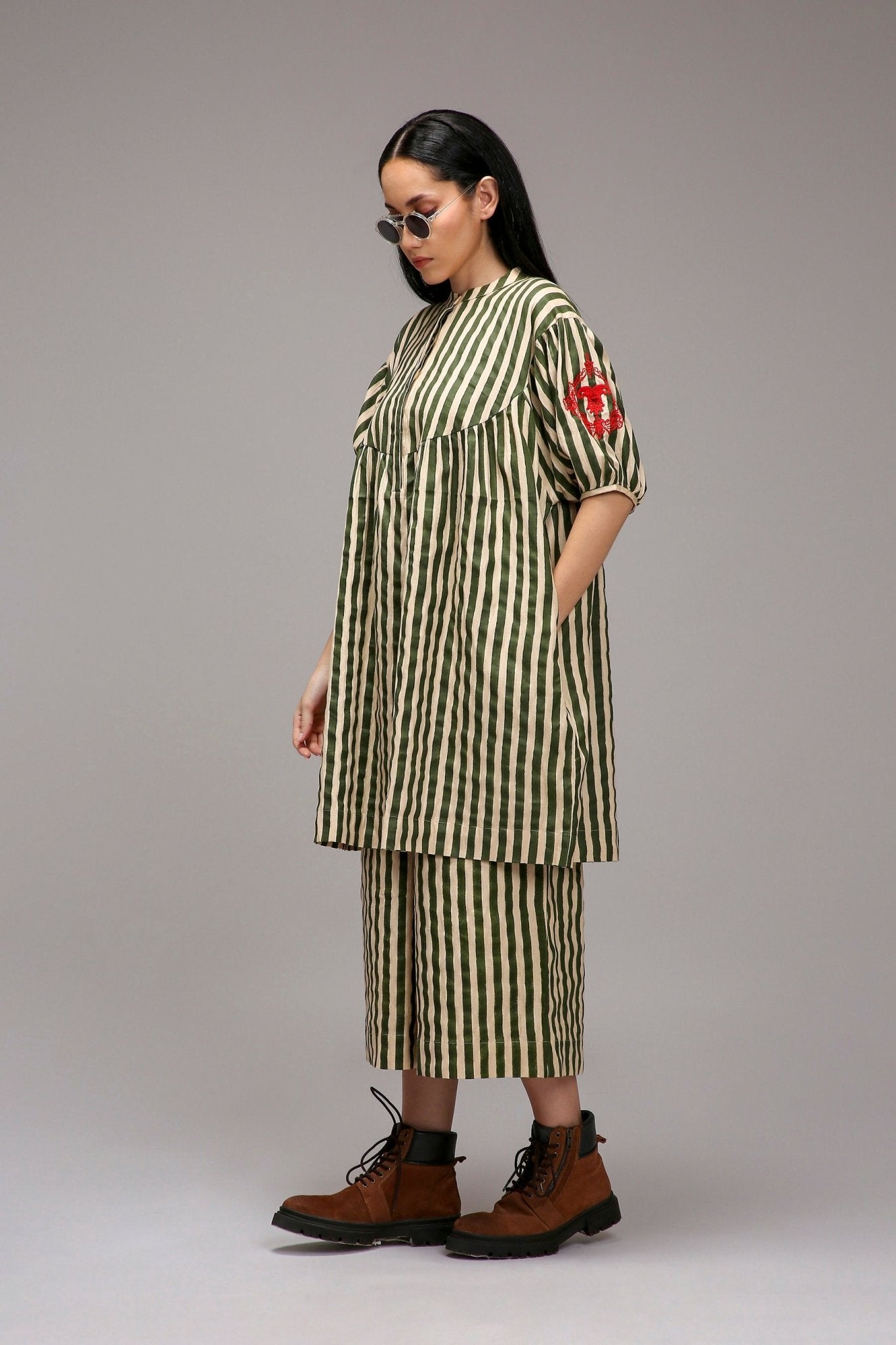 Egg-Shell Green Striped Short Acra Tunic Set (2 PCS) - CiceroniKurta Set, Everyday WearMATI