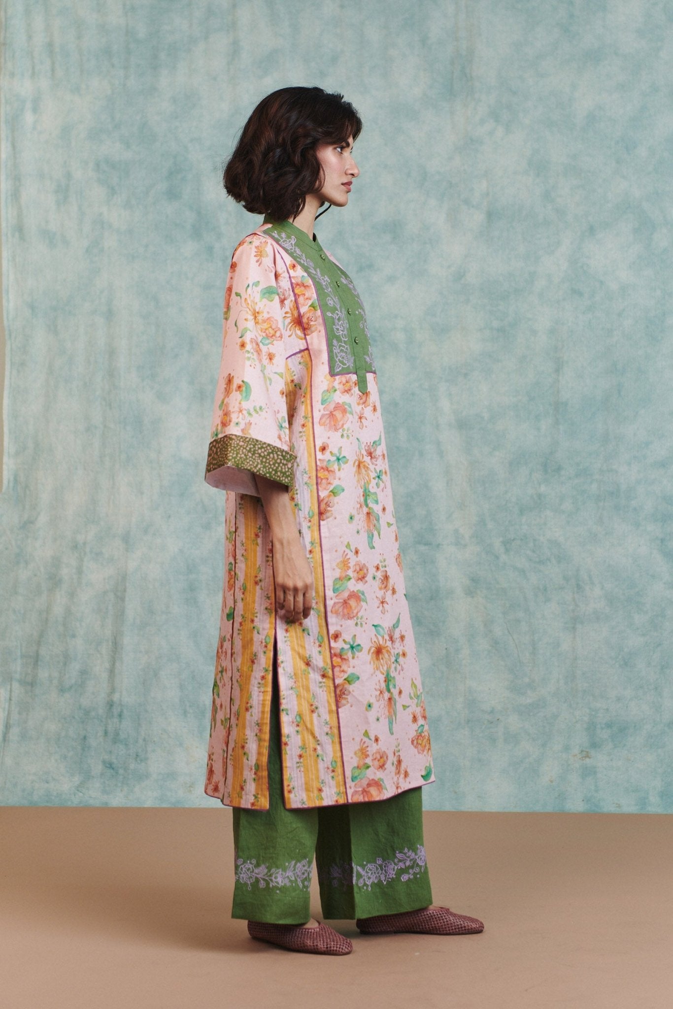 Flora Co - Linen Embroidered Multi - Panelled Kurta Set - CiceroniKurta Set, Everyday WearSaphed