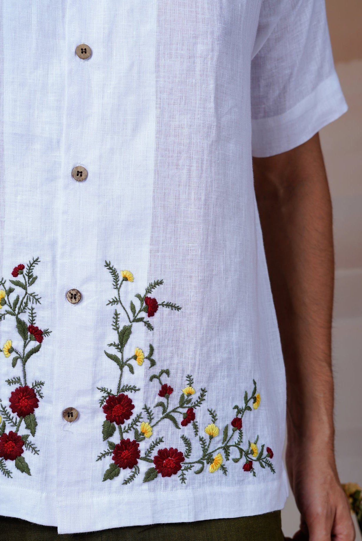 Floral Fiesta - Hand Embroidered Unisex Linen Shirt - CiceroniShirtsCultura Studio