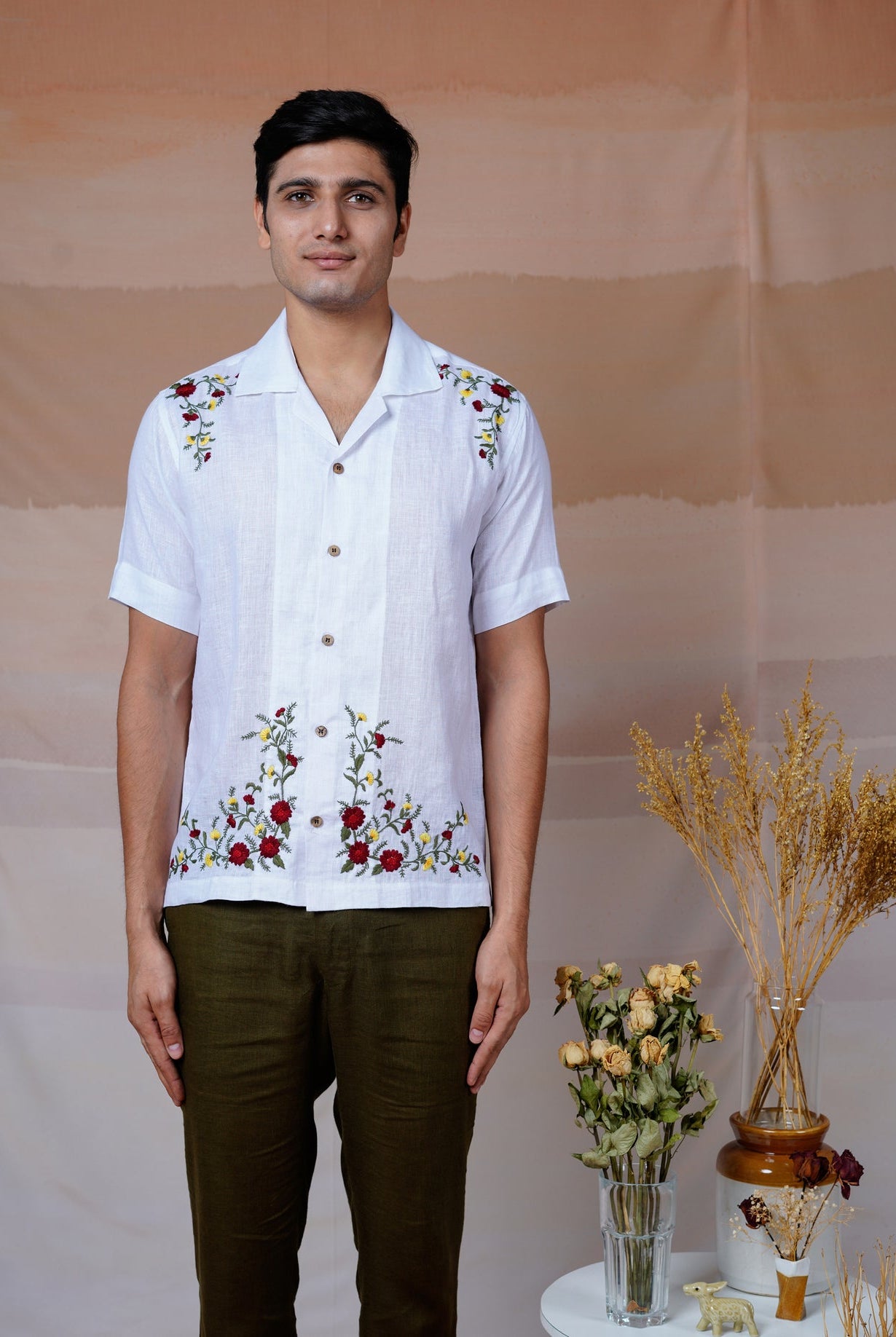 Floral Fiesta - Hand Embroidered Unisex Linen Shirt - CiceroniShirtsCultura Studio