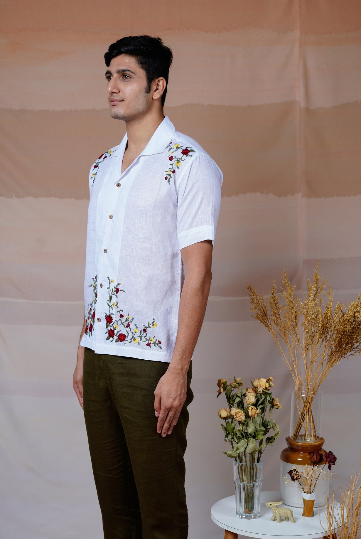 Floral Fiesta - Hand Embroidered Unisex Linen Shirt - CiceroniShirtsCultura Studio