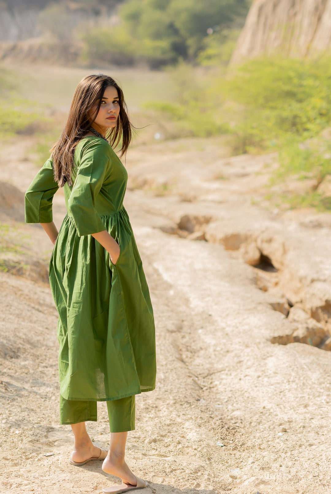 Forest Green Gathered Kurta Set with Jaamdani Dupatta - CiceroniKurta Set, Everyday WearMaidaan