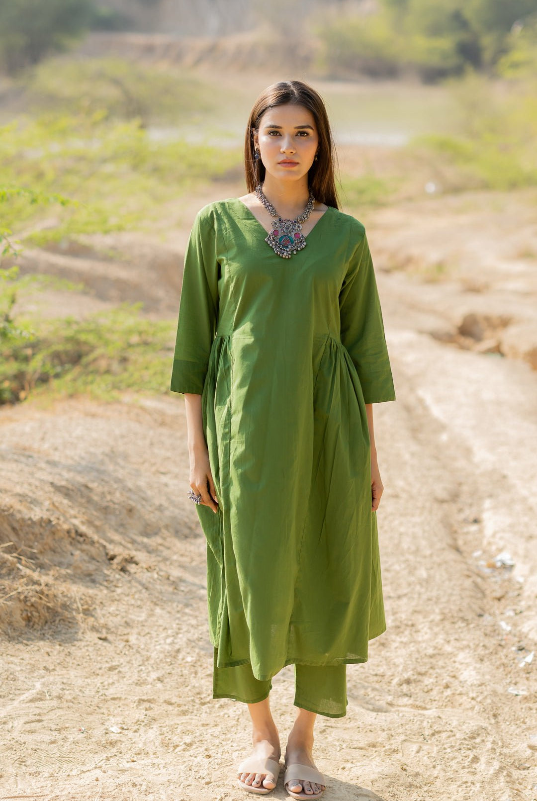 Forest Green Gathered Kurta Set with Jaamdani Dupatta - CiceroniKurta Set, Everyday WearMaidaan