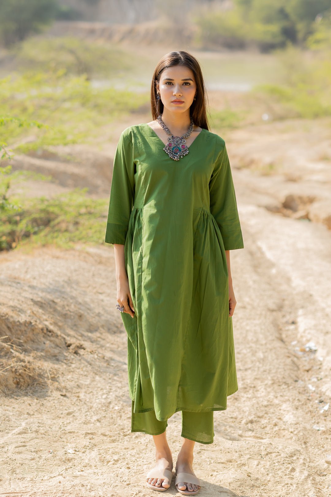 Forest Green Gathered Kurta Set with Jaamdani Dupatta - CiceroniKurta Set, Everyday WearMaidaan