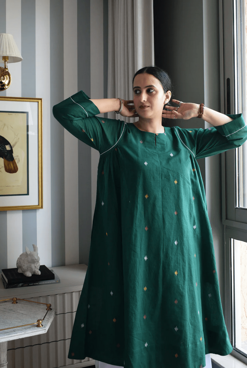Forest Green Jamdani Kurta with Side Gathers - CiceroniKurta, Everyday WearHouse of Moxa