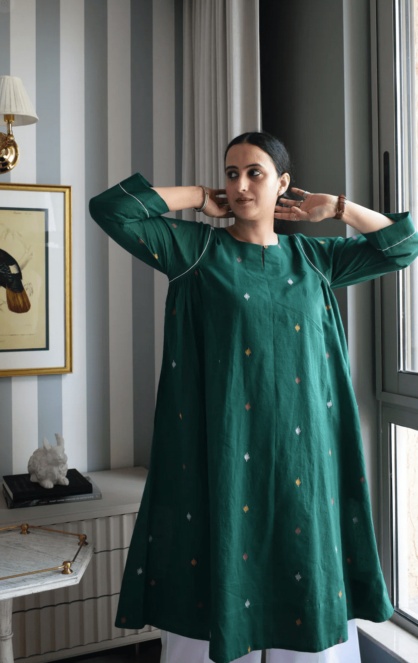 Forest Green Jamdani Kurta with Side Gathers - CiceroniKurta, Everyday WearHouse of Moxa