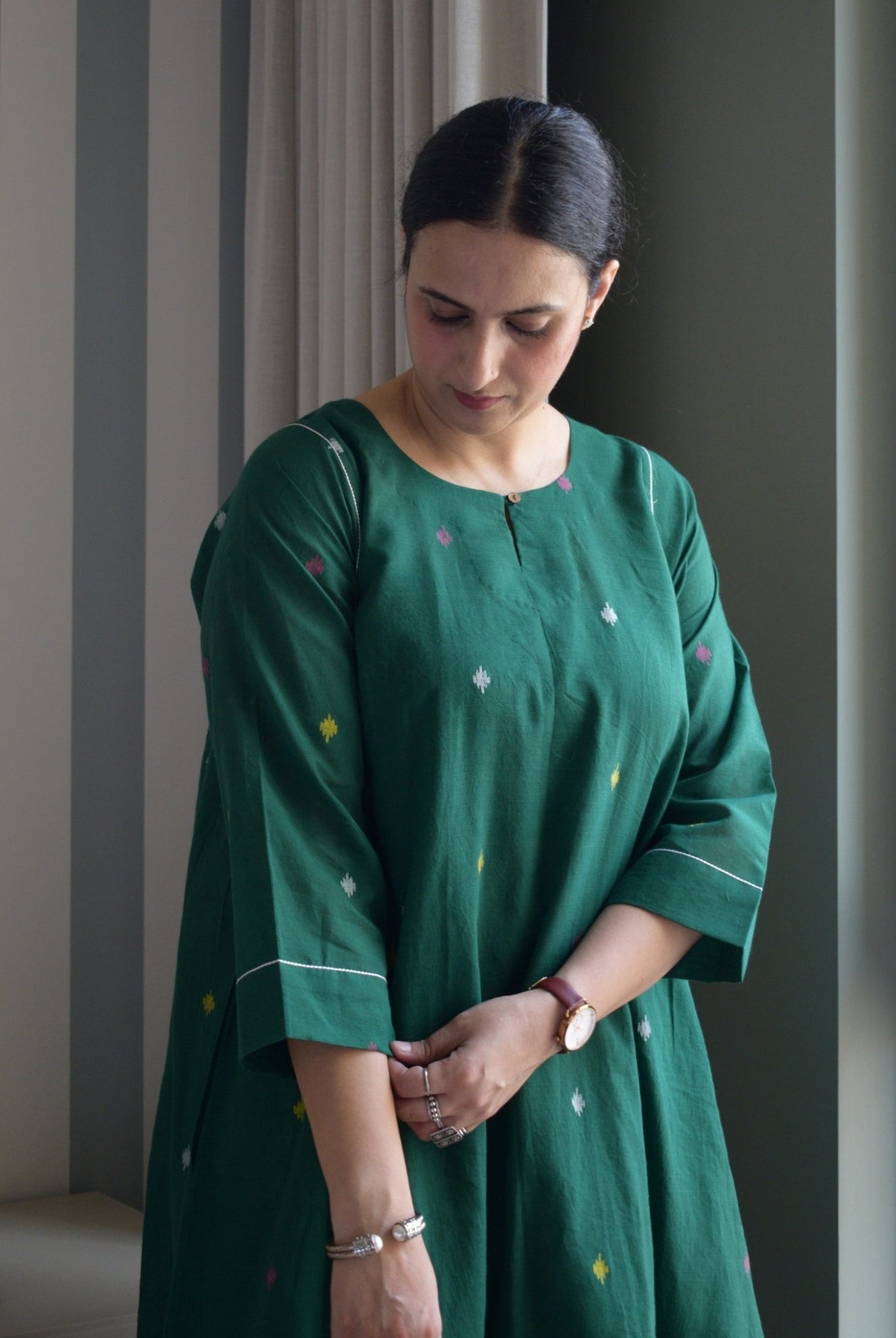 Forest Green Jamdani Kurta with Side Gathers - CiceroniKurta, Everyday WearHouse of Moxa