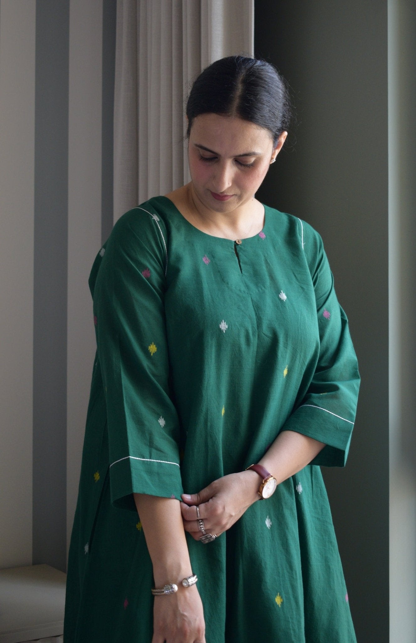 Forest Green Jamdani Kurta with Side Gathers - CiceroniKurta, Everyday WearHouse of Moxa