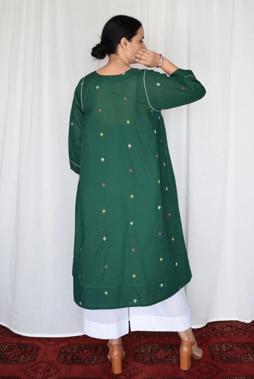 Forest Green Jamdani Kurta with Side Gathers - CiceroniKurta, Everyday WearHouse of Moxa