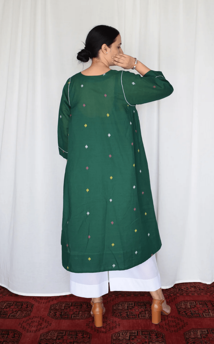 Forest Green Jamdani Kurta with Side Gathers - CiceroniKurta, Everyday WearHouse of Moxa