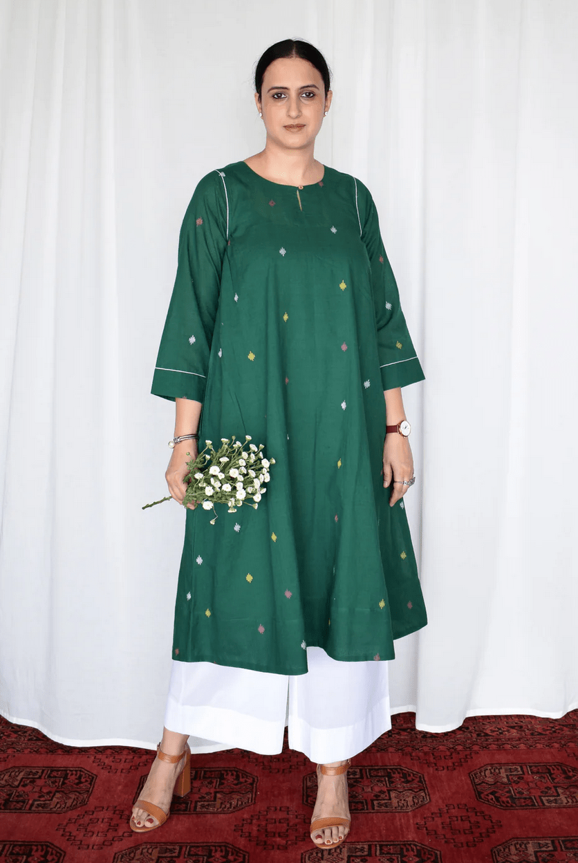 Forest Green Jamdani Kurta with Side Gathers - CiceroniKurta, Everyday WearHouse of Moxa