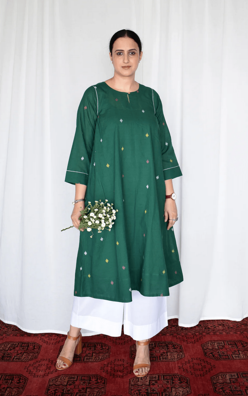 Forest Green Jamdani Kurta with Side Gathers - CiceroniKurta, Everyday WearHouse of Moxa