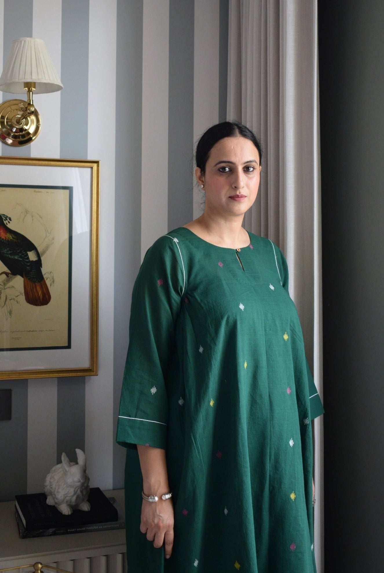 Forest Green Jamdani Kurta with Side Gathers - CiceroniKurta, Everyday WearHouse of Moxa