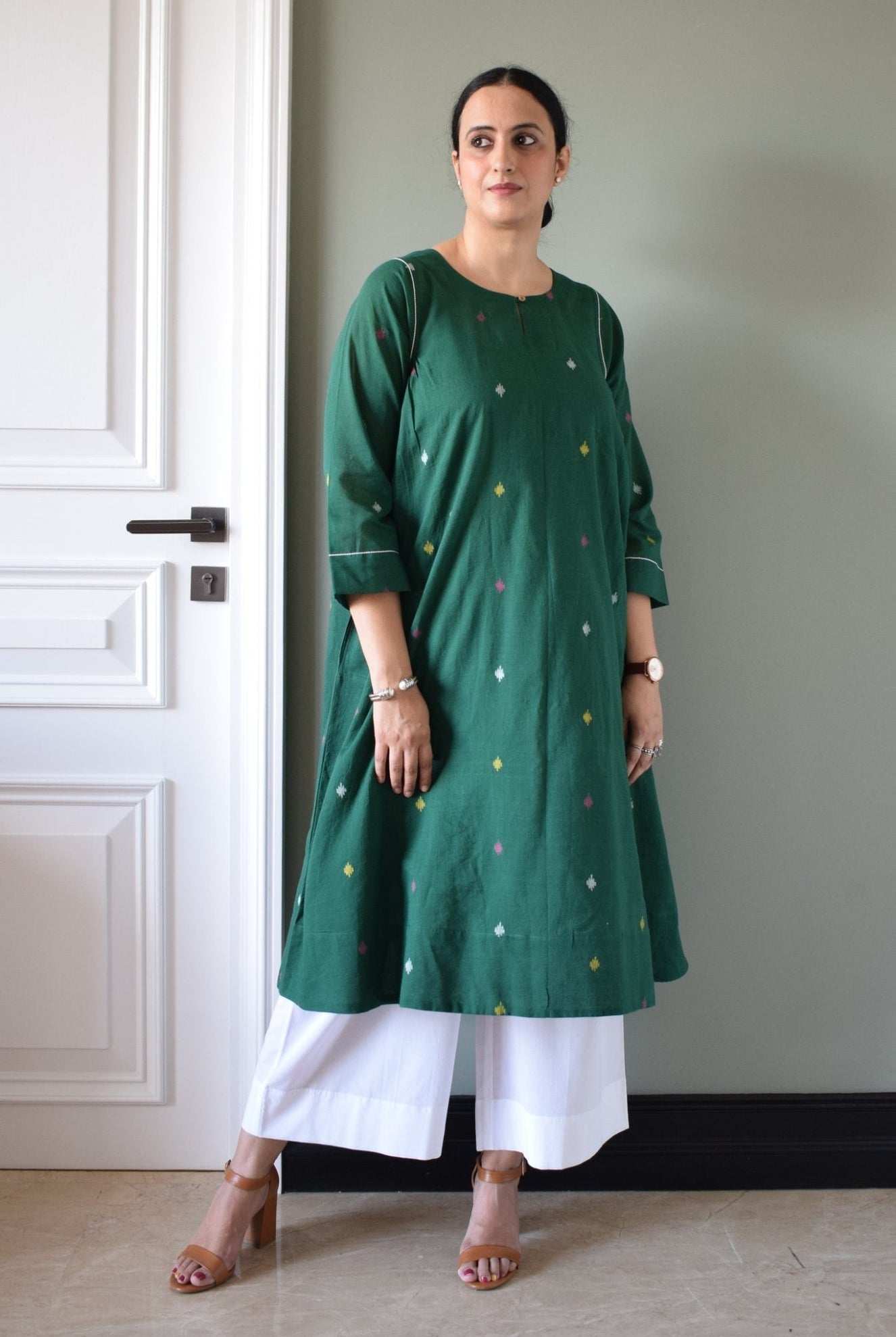 Forest Green Jamdani Kurta with Side Gathers - CiceroniKurta, Everyday WearHouse of Moxa