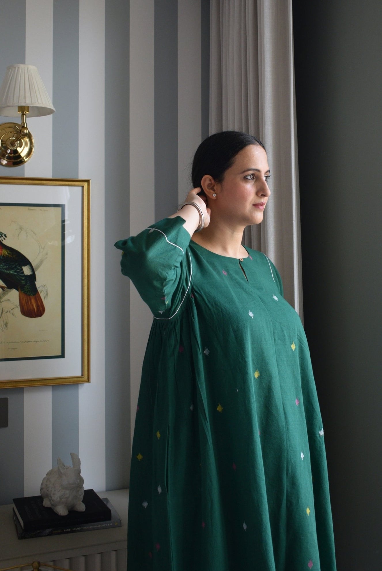 Forest Green Jamdani Kurta with Side Gathers - CiceroniKurta, Everyday WearHouse of Moxa