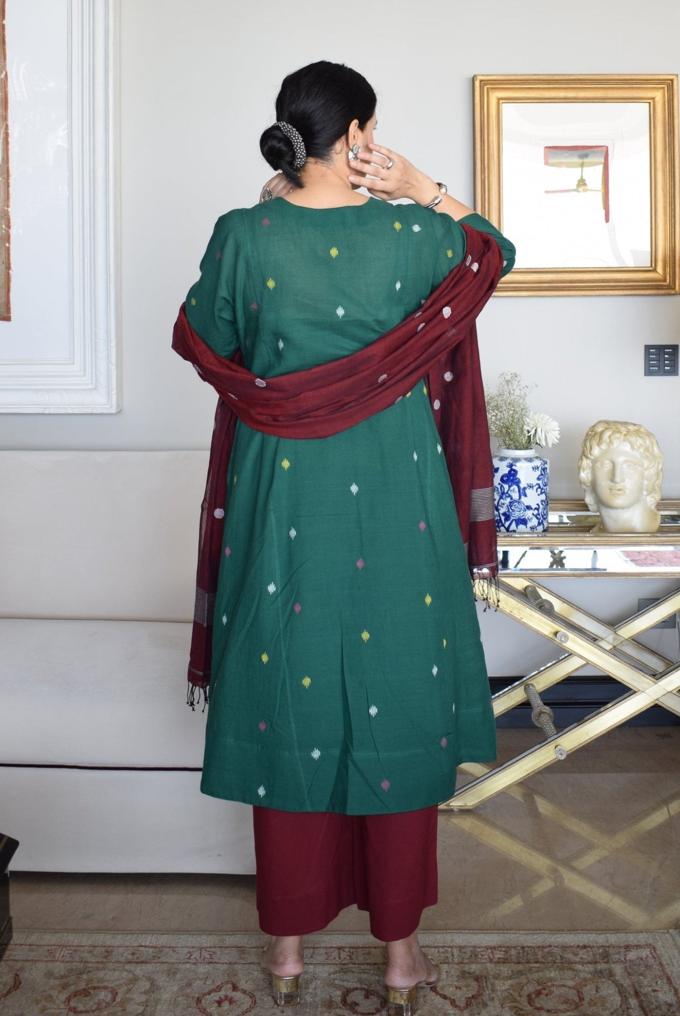 Forest Green Jamdani Phiran with Maroon Pyjama - CiceroniKurta Set, Everyday WearHouse of Moxa