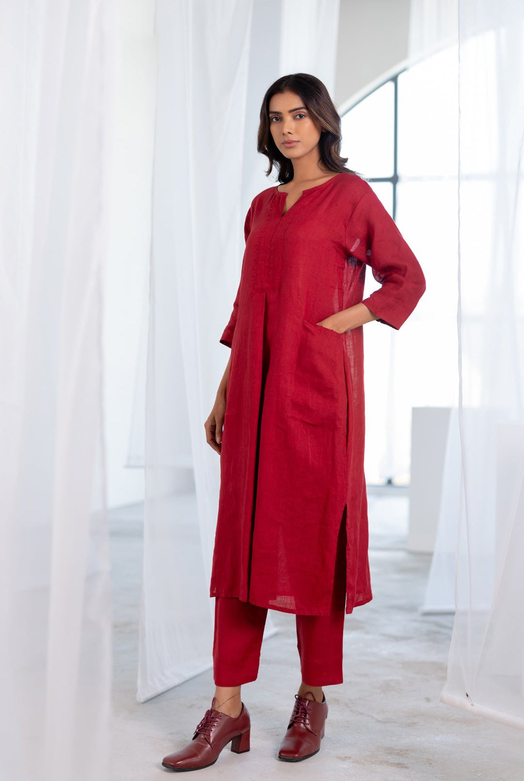 Garnet Adorned Linen Kurta - CiceroniKurta, Everyday WearSilai Studio