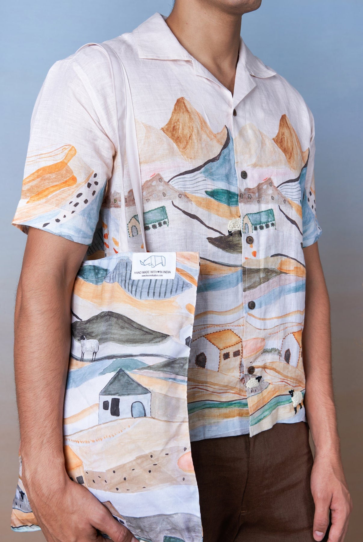 Grazing Sheep Orange - Hand Embroidered Unisex Printed Linen Shirt - CiceroniShirtsCultura Studio