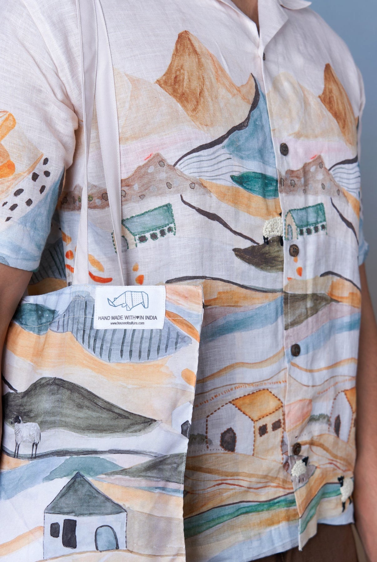 Grazing Sheep Orange - Hand Embroidered Unisex Printed Linen Shirt - CiceroniShirtsCultura Studio