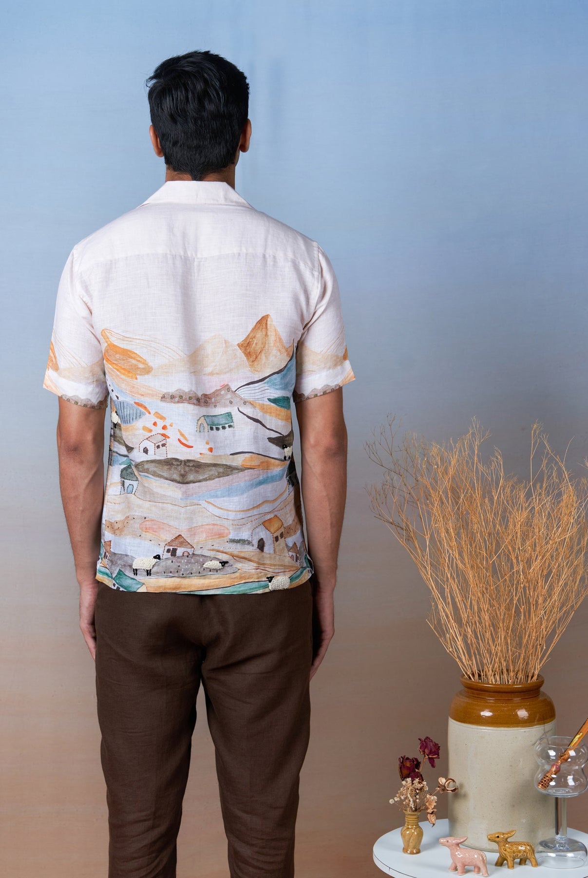 Grazing Sheep Orange - Hand Embroidered Unisex Printed Linen Shirt - CiceroniShirtsCultura Studio