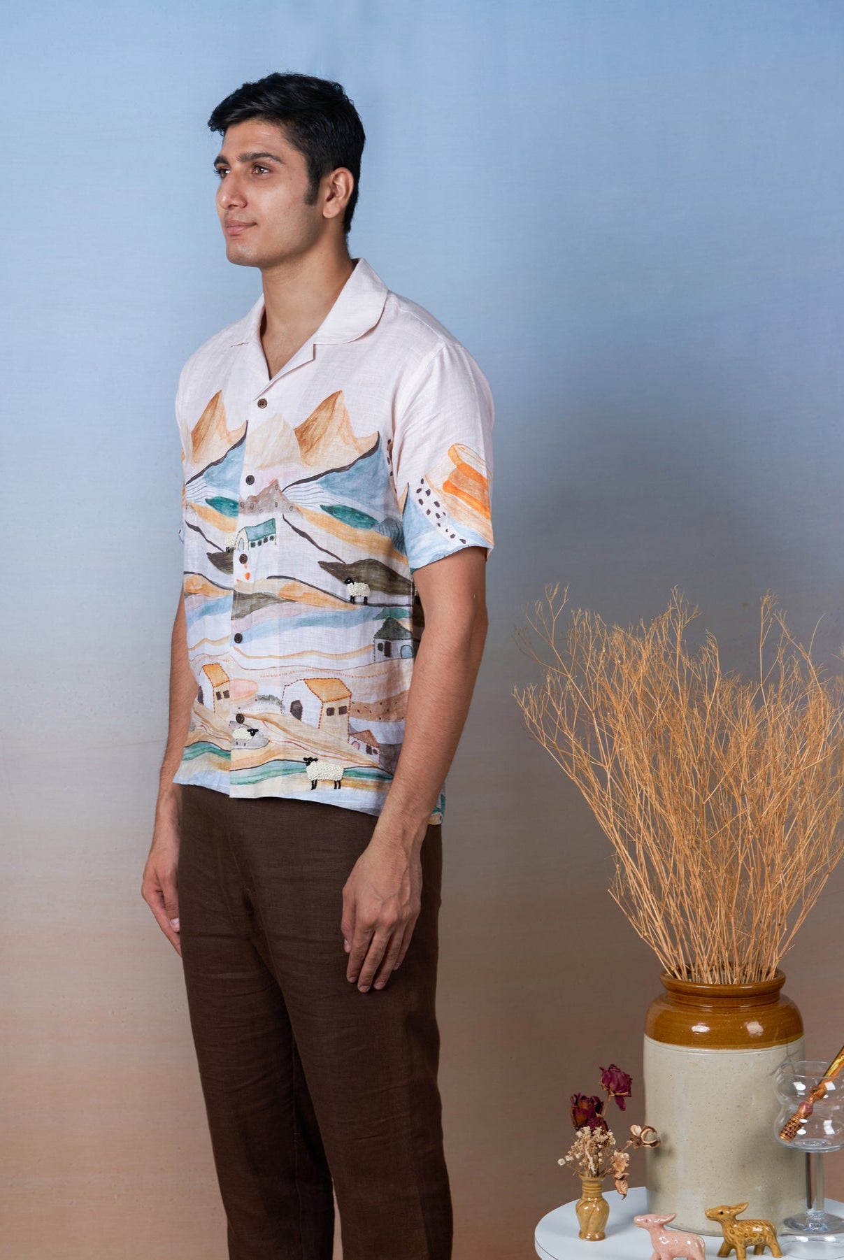 Grazing Sheep Orange - Hand Embroidered Unisex Printed Linen Shirt - CiceroniShirtsCultura Studio