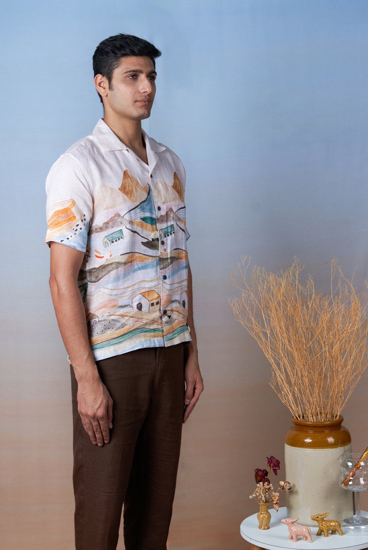 Grazing Sheep Orange - Hand Embroidered Unisex Printed Linen Shirt - CiceroniShirtsCultura Studio