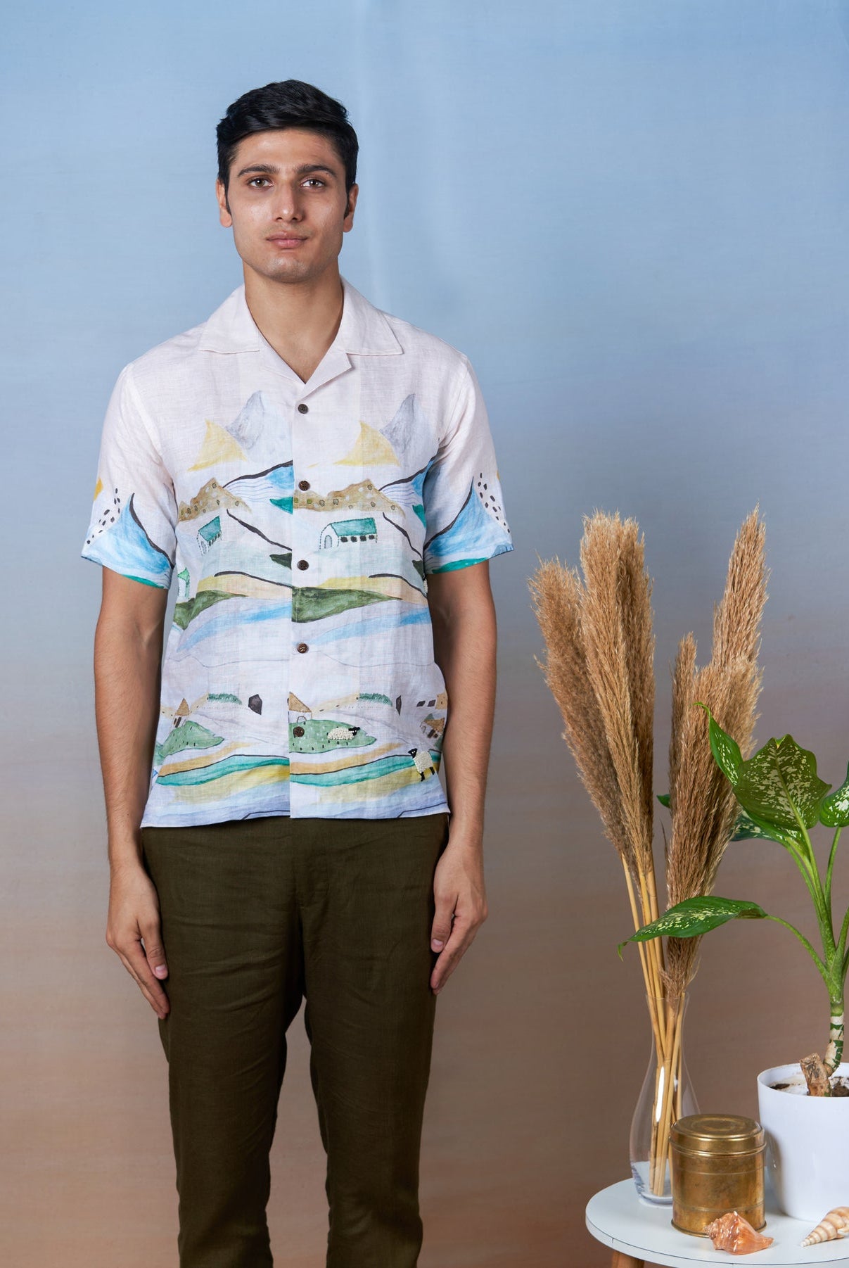 Grazing Sheep Yellow - Hand Embroidered Unisex Printed Linen Shirt - CiceroniShirtsCultura Studio