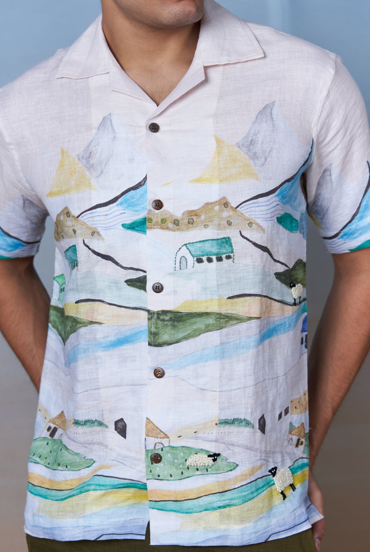 Grazing Sheep Yellow - Hand Embroidered Unisex Printed Linen Shirt - CiceroniShirtsCultura Studio