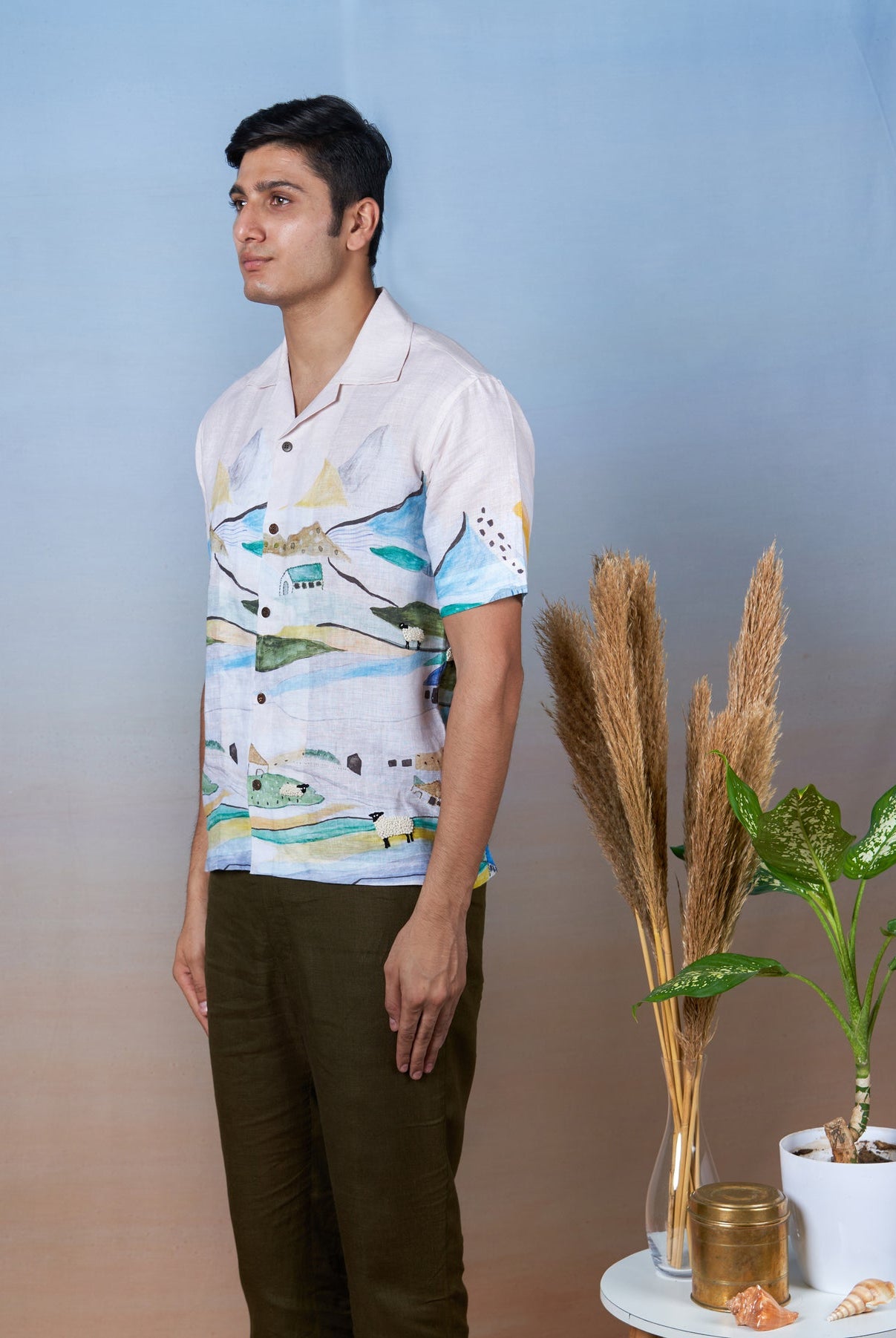 Grazing Sheep Yellow - Hand Embroidered Unisex Printed Linen Shirt - CiceroniShirtsCultura Studio