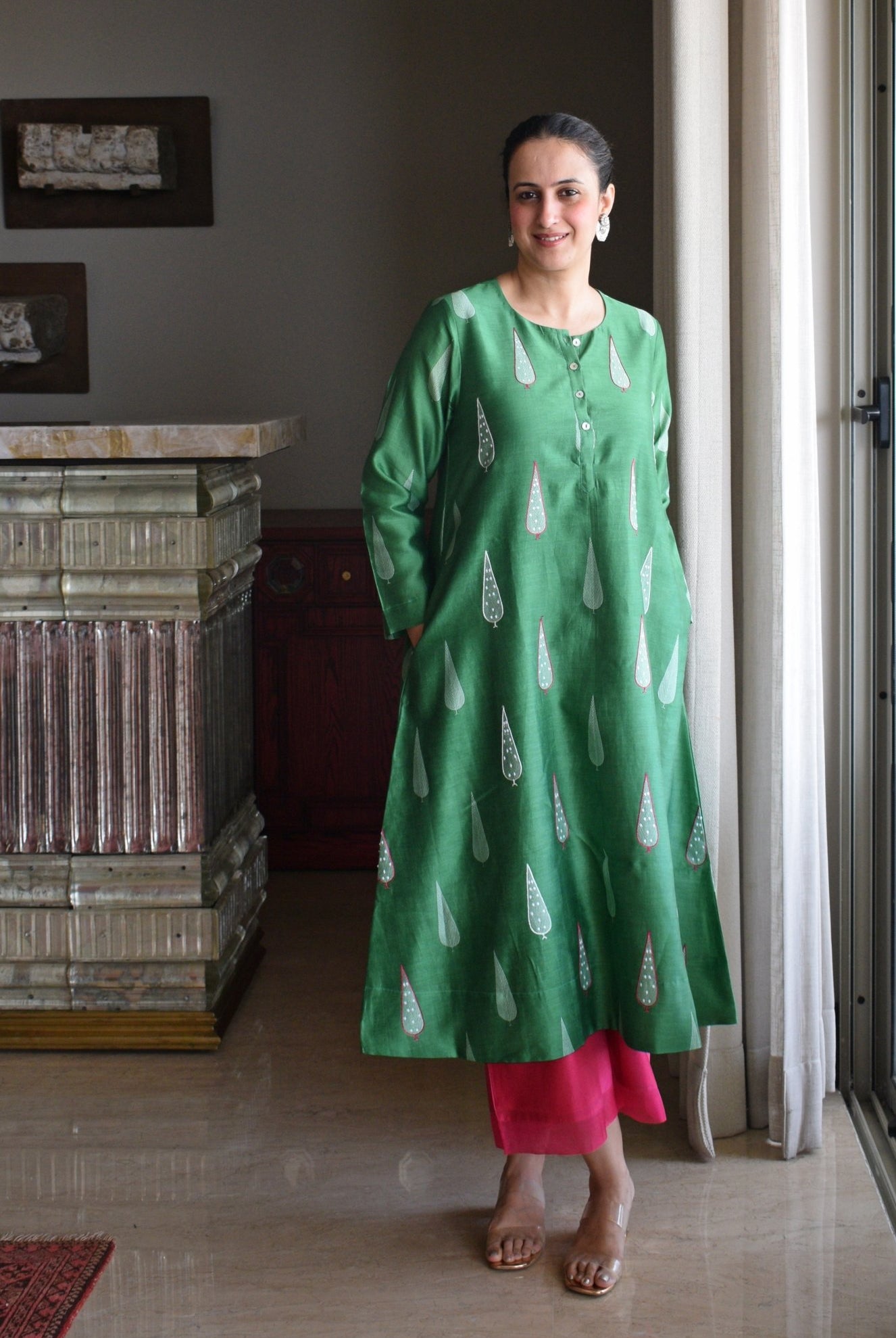 Green Chanderi Kurta with Rani Pink Chanderi Pyjama - CiceroniKurta Set, Festive wearHouse of Moxa