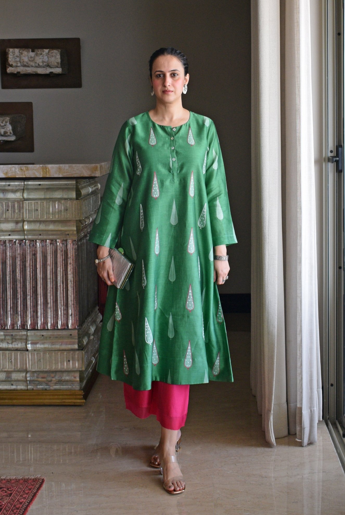 Green Chanderi Kurta with Rani Pink Chanderi Pyjama - CiceroniKurta Set, Festive wearHouse of Moxa