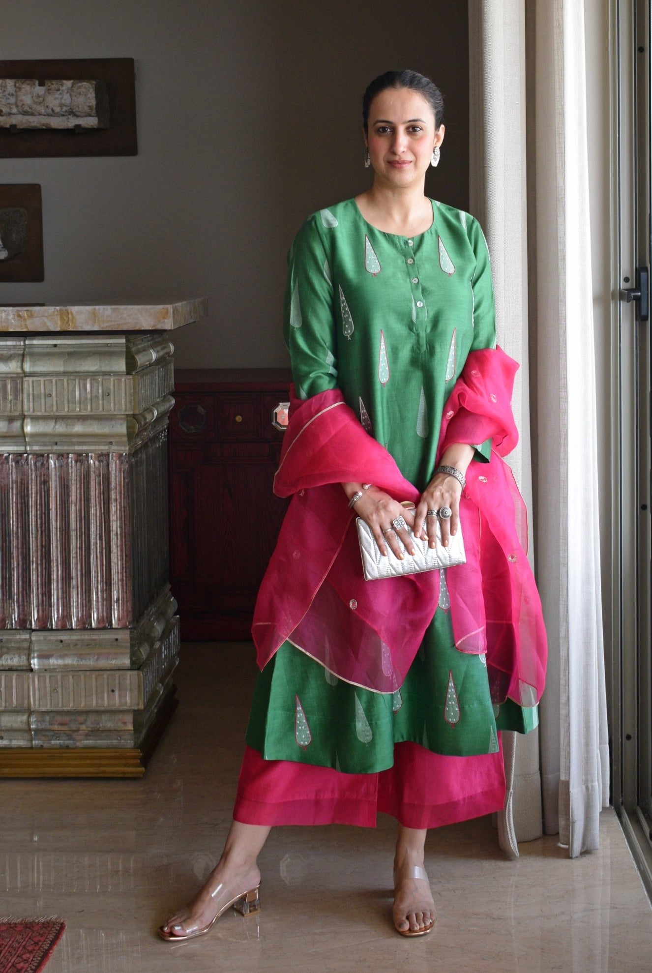 Green Chanderi Kurta with Rani Pink Chanderi Pyjama - CiceroniKurta Set, Festive wearHouse of Moxa