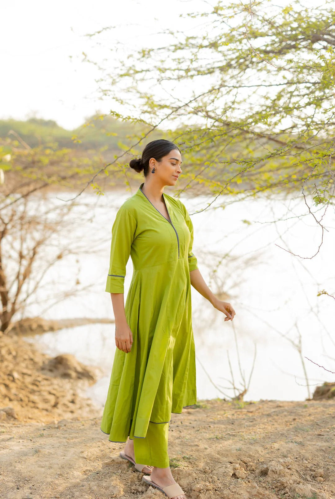 Green Pear Kalidaar Set with Jaamdani Dupatta - CiceroniKurta Set, Everyday WearMaidaan