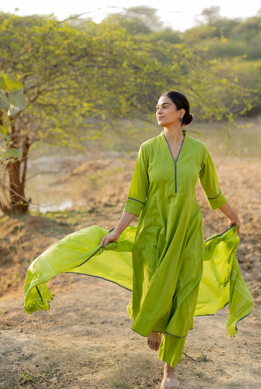 Green Pear Kalidaar Set with Jaamdani Dupatta - CiceroniKurta Set, Everyday WearMaidaan