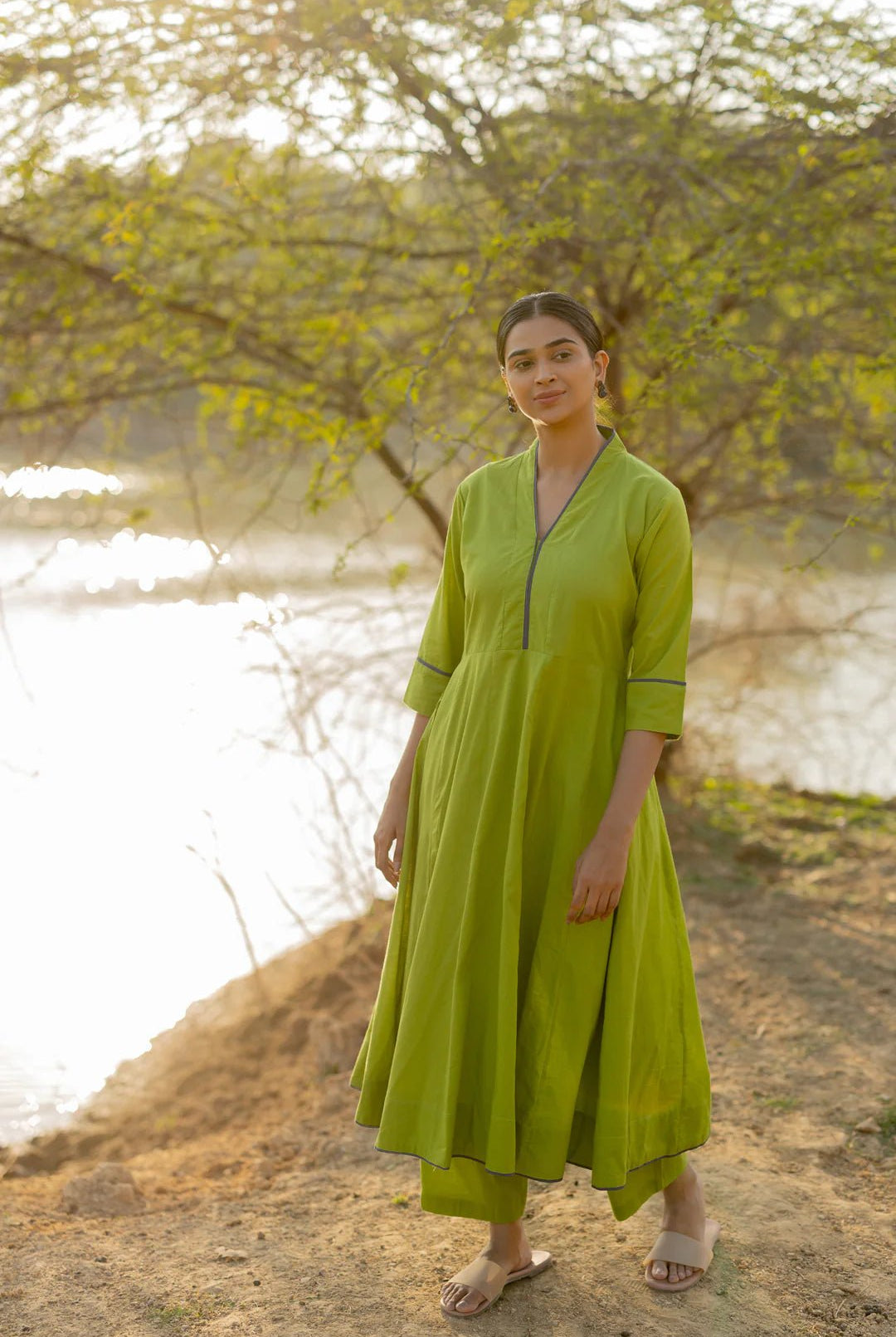 Green Pear Kalidaar Set with Jaamdani Dupatta - CiceroniKurta Set, Everyday WearMaidaan