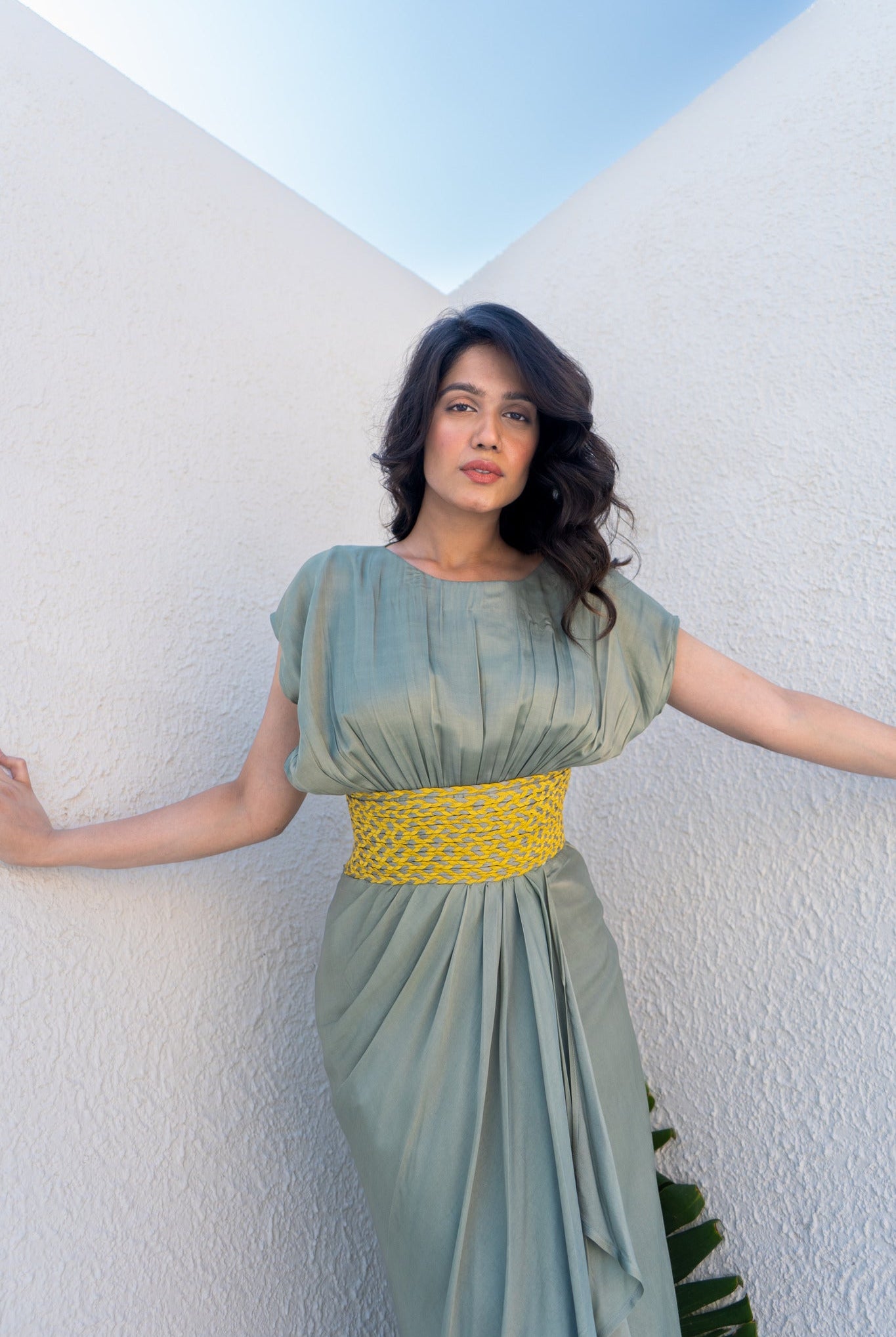 Green - Yellow Braided Cocktail Gown - CiceroniDressesNeora