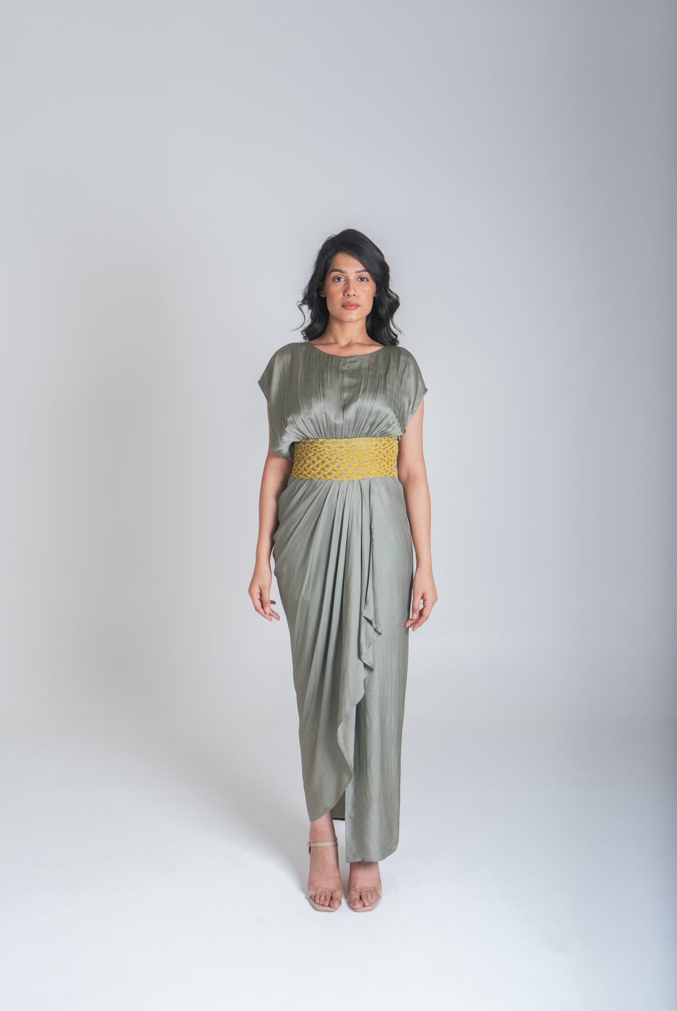 Green - Yellow Braided Cocktail Gown - CiceroniDressesNeora