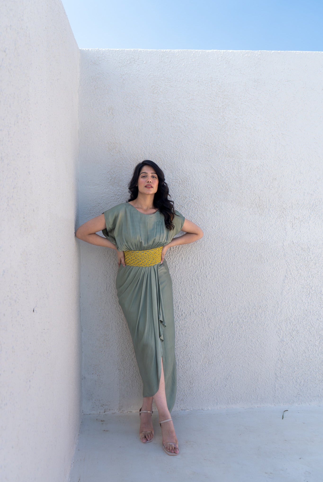 Green - Yellow Braided Cocktail Gown - CiceroniDressesNeora