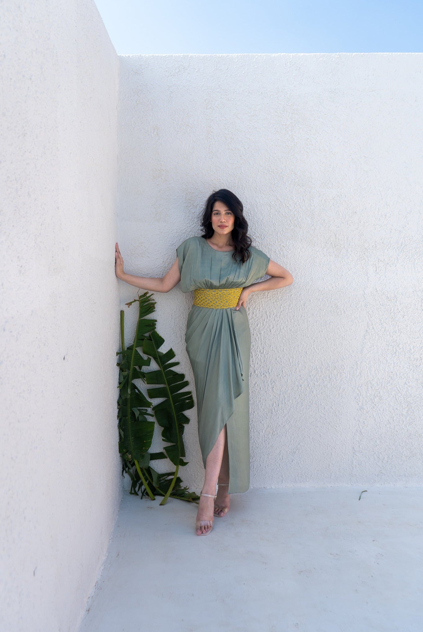 Green - Yellow Braided Cocktail Gown - CiceroniDressesNeora