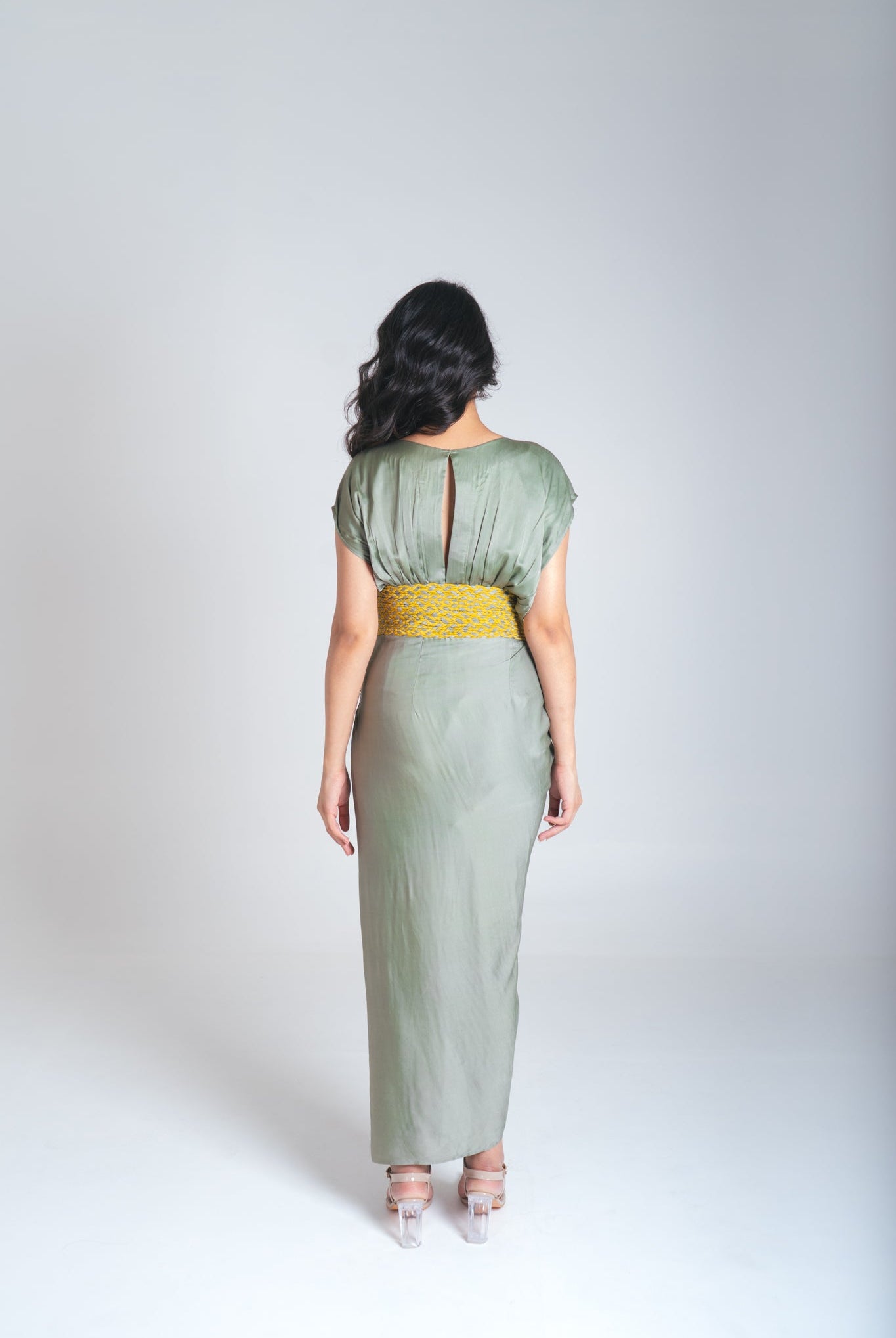 Green - Yellow Braided Cocktail Gown - CiceroniDressesNeora