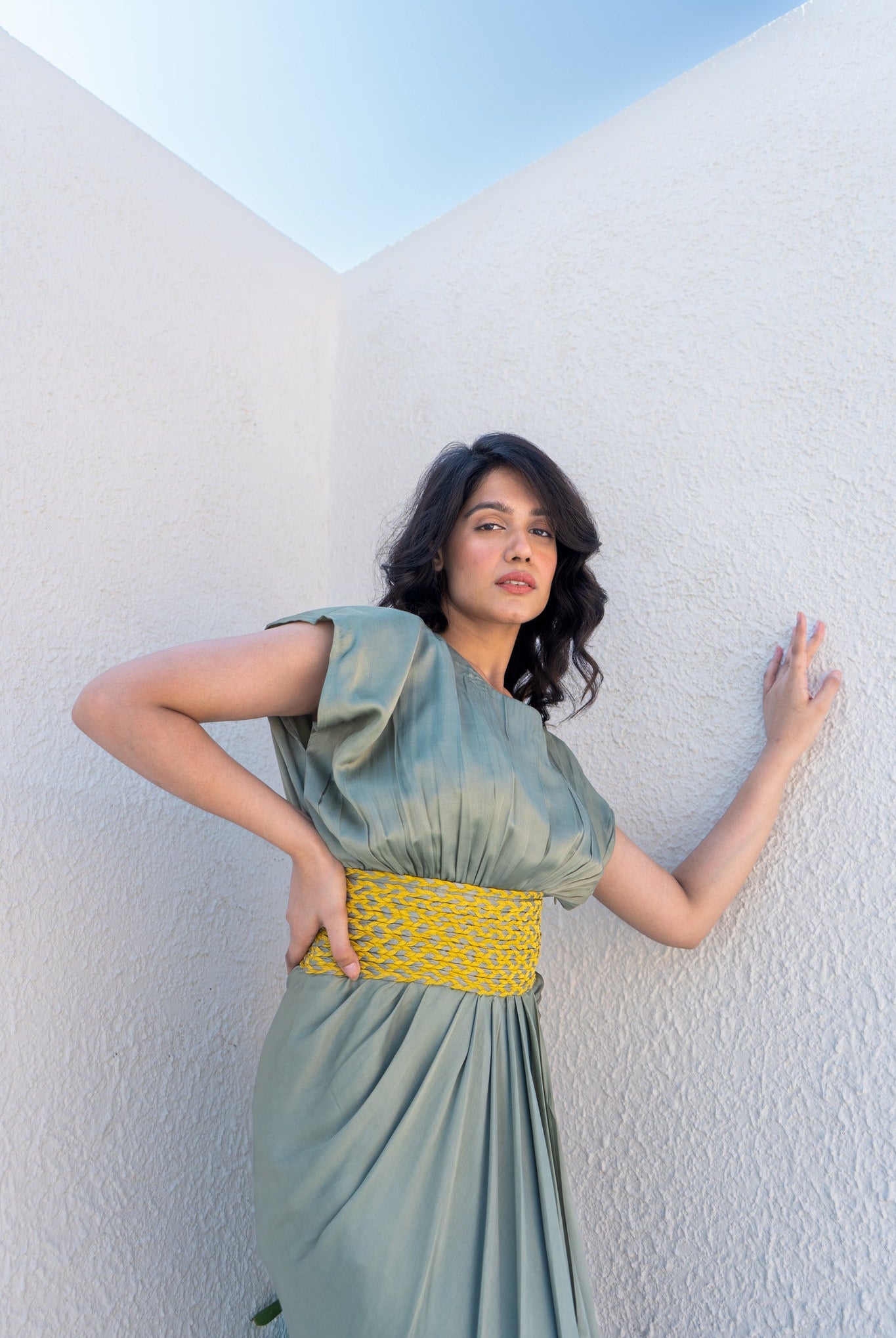 Green - Yellow Braided Cocktail Gown - CiceroniDressesNeora