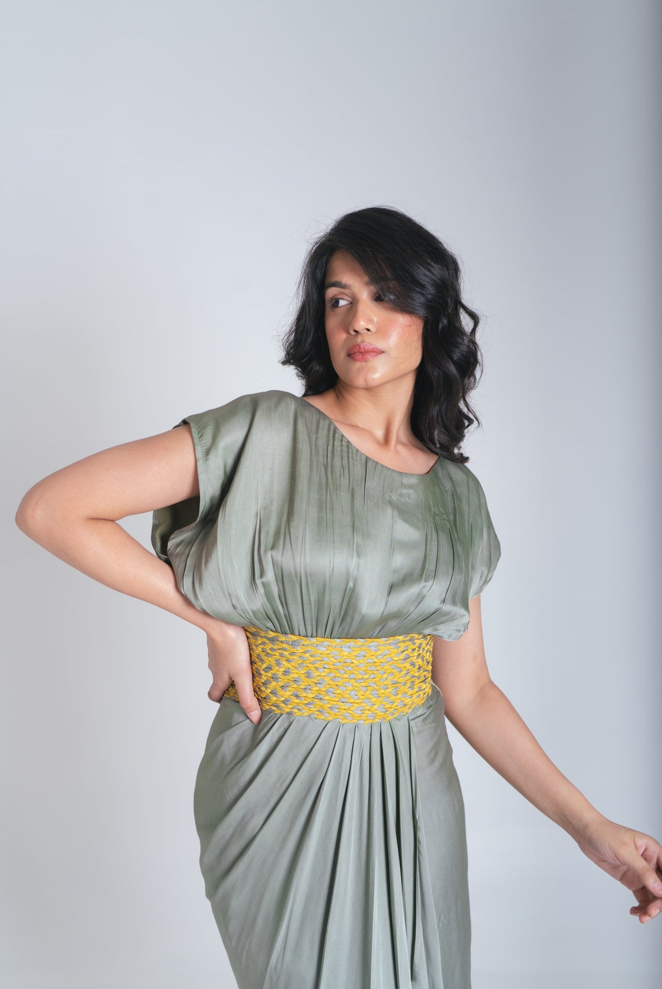 Green - Yellow Braided Cocktail Gown - CiceroniDressesNeora