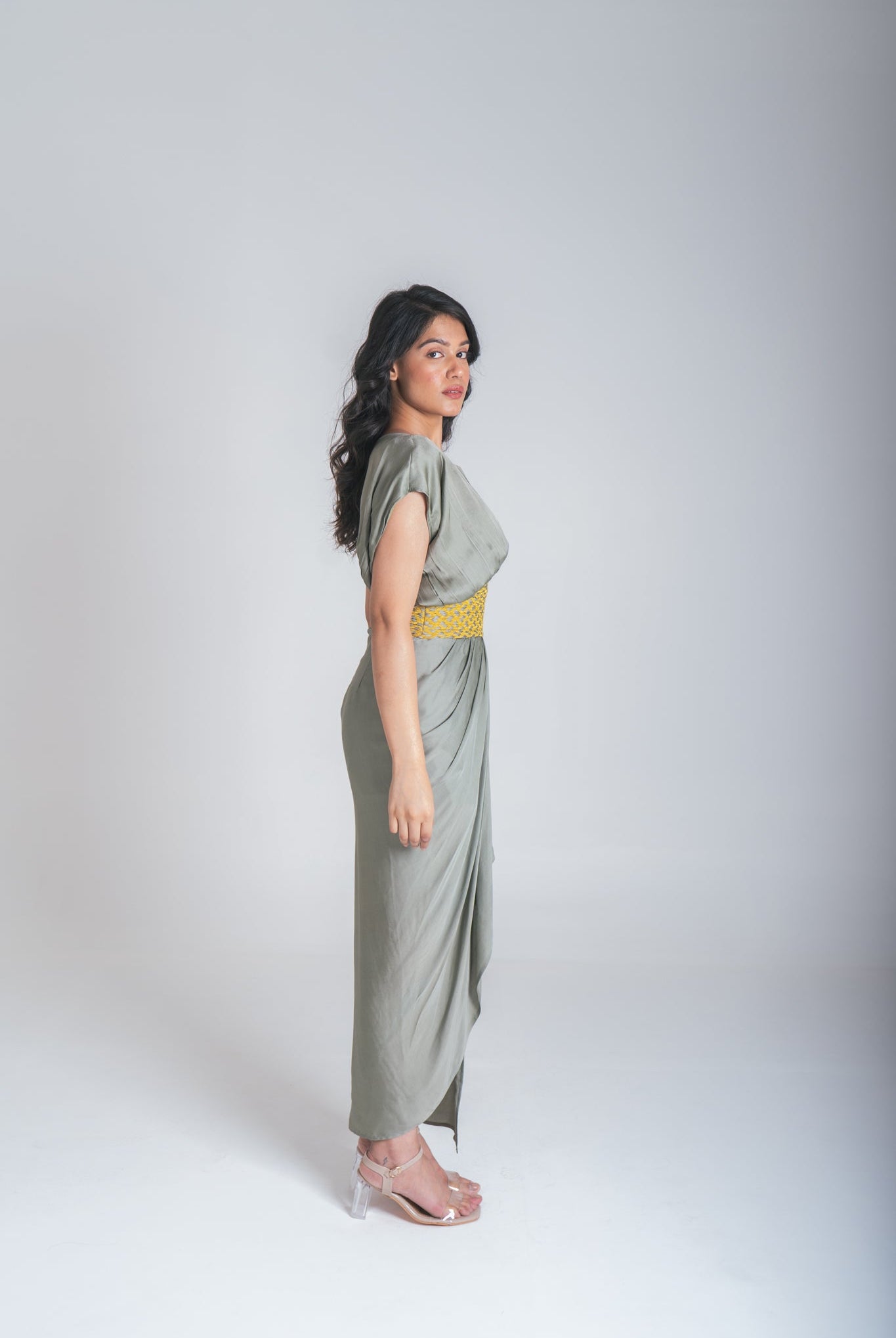 Green - Yellow Braided Cocktail Gown - CiceroniDressesNeora