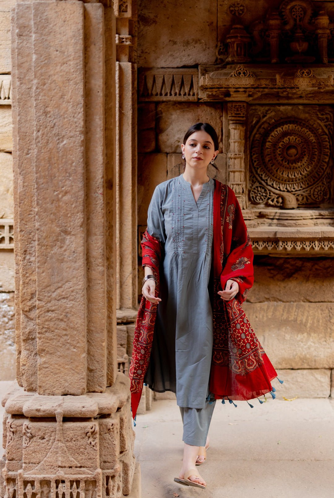 Grey Dune Kurta Set with Maroon Ajrakh Dupatta - CiceroniKurta Set, Everyday WearMaidaan