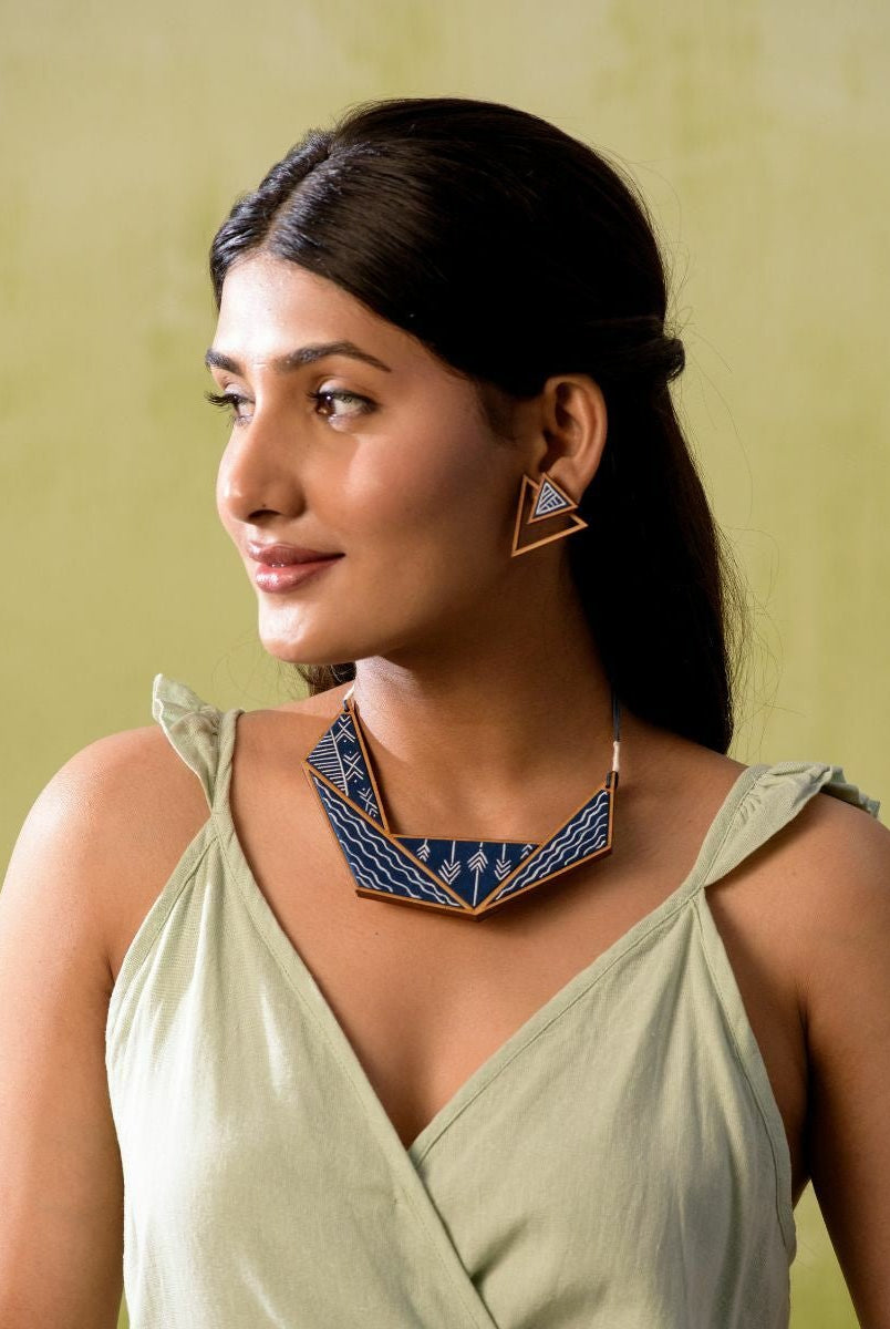 Hand Painted Blue Connecting Triangle Necklace - CiceroniNecklaceWhe by Abira