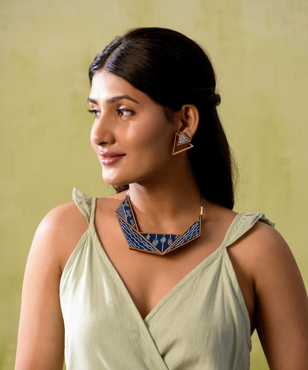 Hand Painted Blue Connecting Triangle Necklace - CiceroniNecklaceWhe by Abira