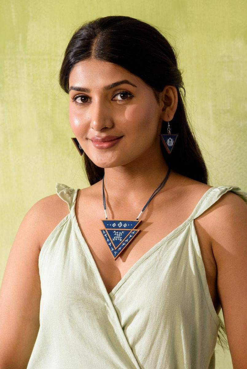 Hand Painted Blue Triangular Necklace - CiceroniNecklaceWhe by Abira