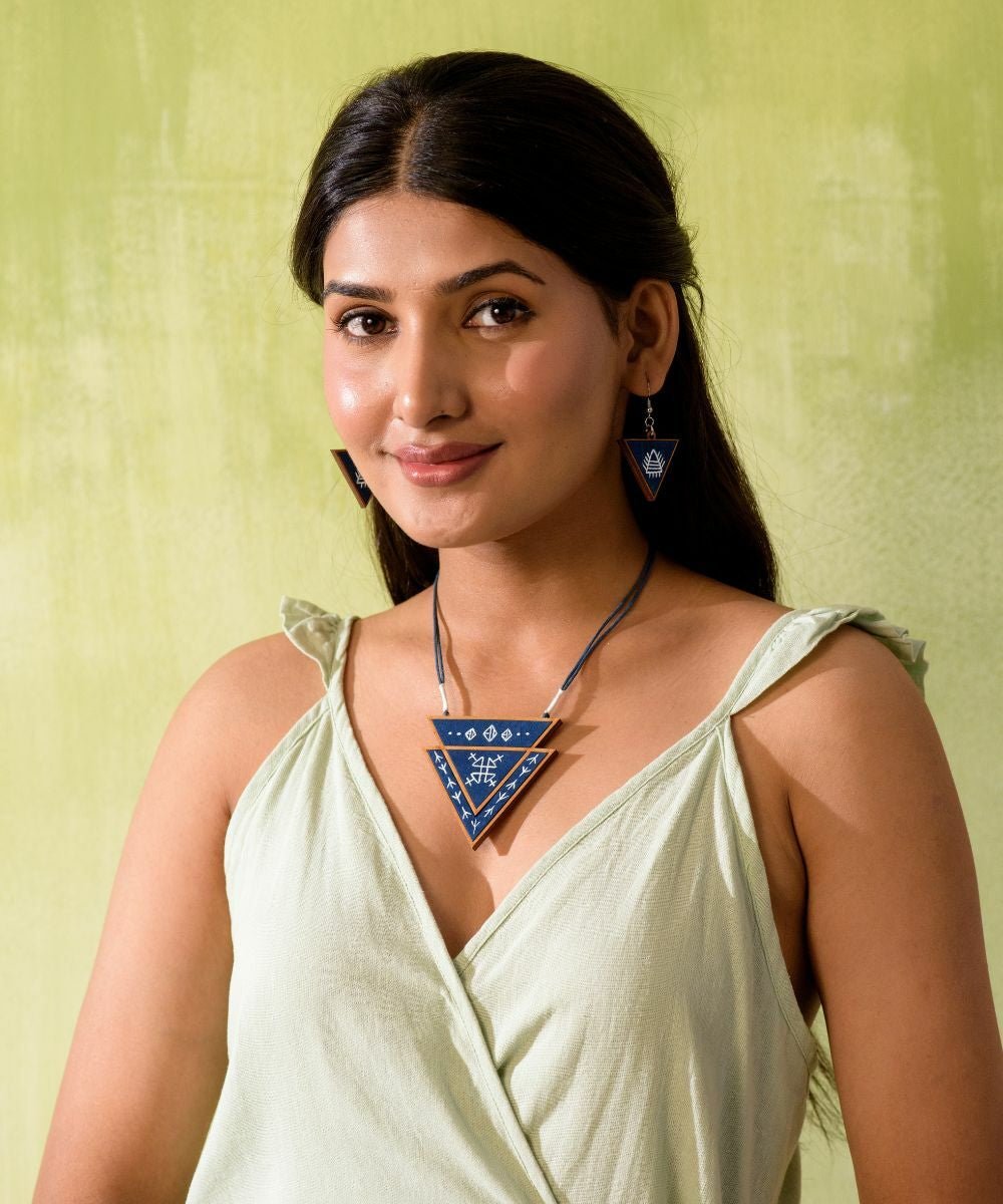 Hand Painted Blue Triangular Necklace - CiceroniNecklaceWhe by Abira