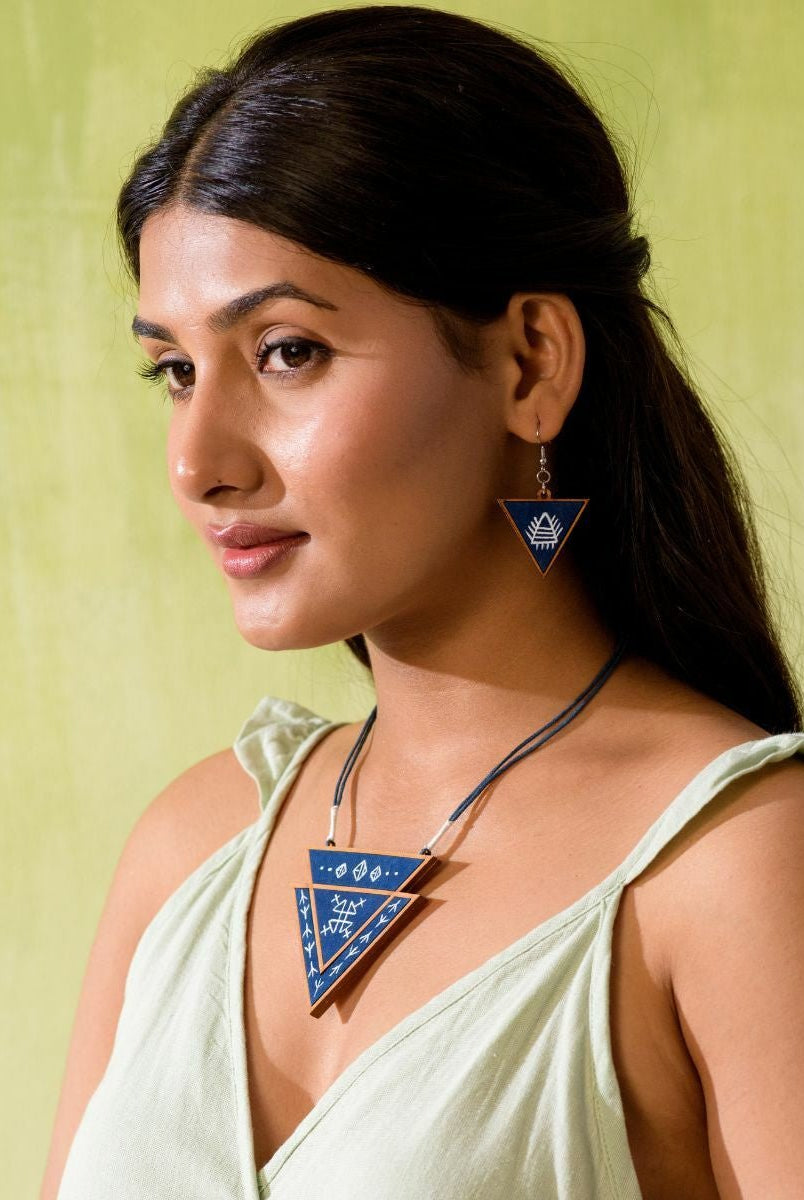 Hand Painted Blue Triangular Necklace - CiceroniNecklaceWhe by Abira