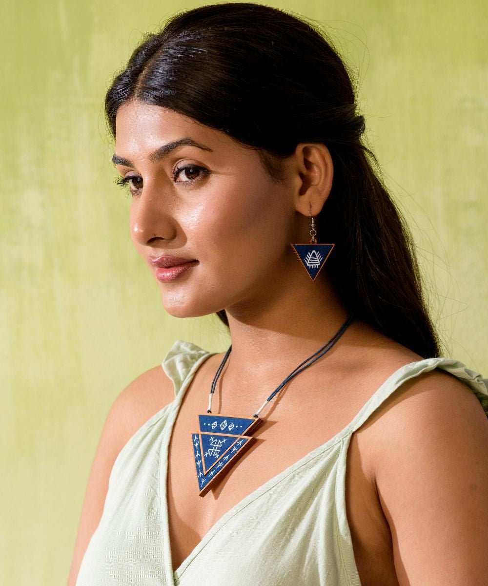 Hand Painted Blue Triangular Necklace - CiceroniNecklaceWhe by Abira